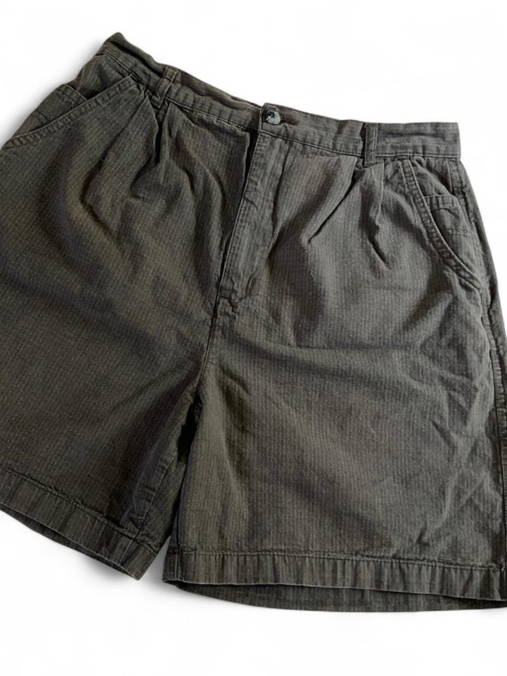Vintage Y2K Olive Green High Rise Pleated Mom Shorts Striped Cotton Size 12